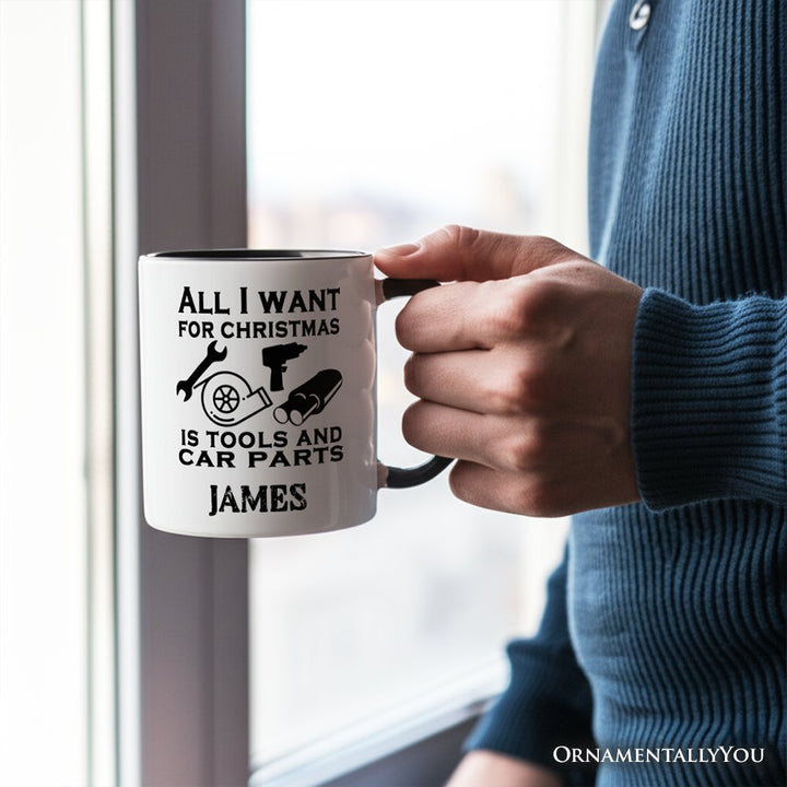 Mechanic Tools & Car Parts Christmas Personalized Mug, All I Want for Christmas Garage Quote Gift with Custom Name Personalized Ceramic Mug OrnamentallyYou 