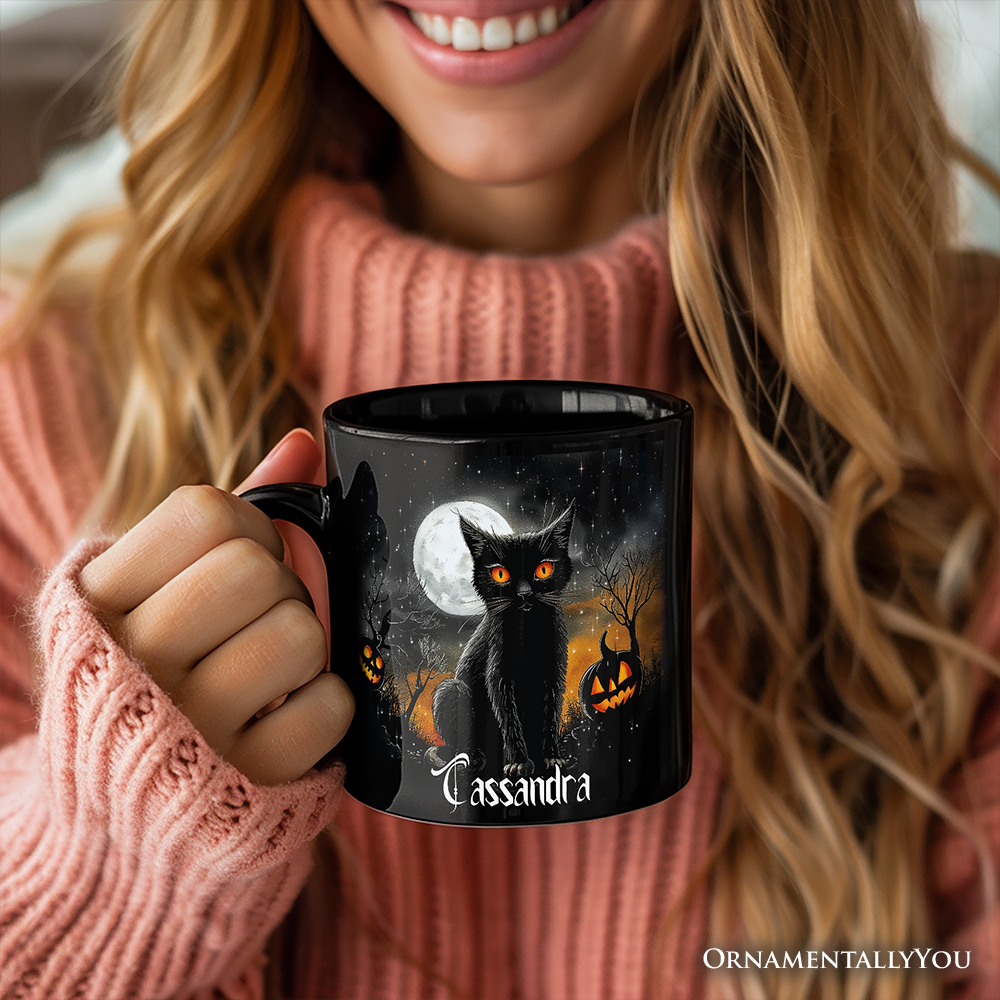 Cat Night Halloween Personalized Mug, Spooky Horror Gift with Custom Name