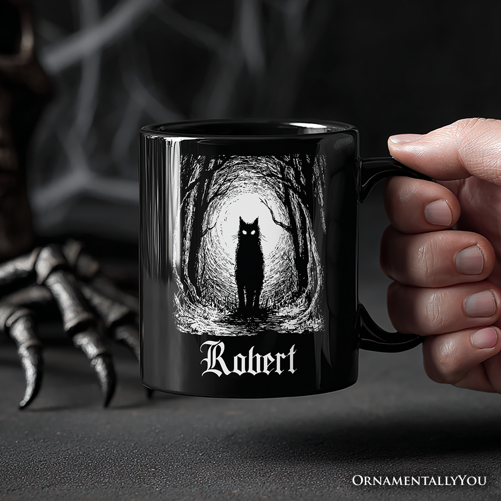 Haunted Forest Black Cat Personalized Mug, Spooky Halloween Night Gift with Custom Name