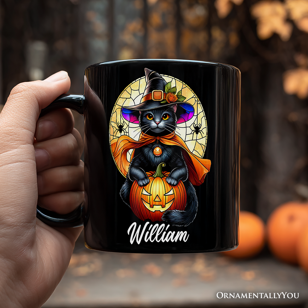 Enchanted Cat Witch Stained Glass Style Personalized Mug, Halloween Themed Gift with Custom Name