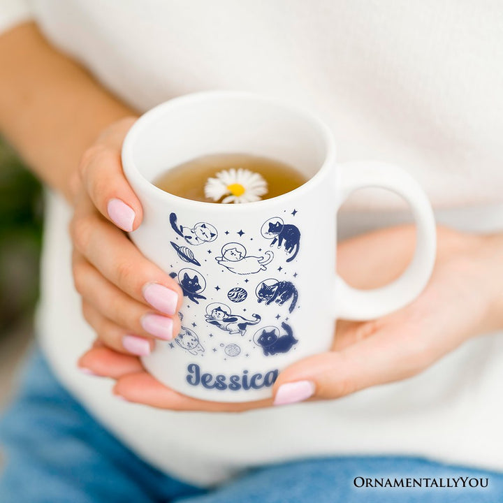 Cats in Space Retro Personalized Mug, Funny Astronaut Kitty Gift with Cosmic Vibes and Custom Name Personalized Ceramic Mug OrnamentallyYou 