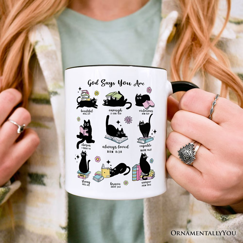 Book Cat God Says I Am Mug, Christian Bible Verse Faith Gift Personalized Ceramic Mug OrnamentallyYou 