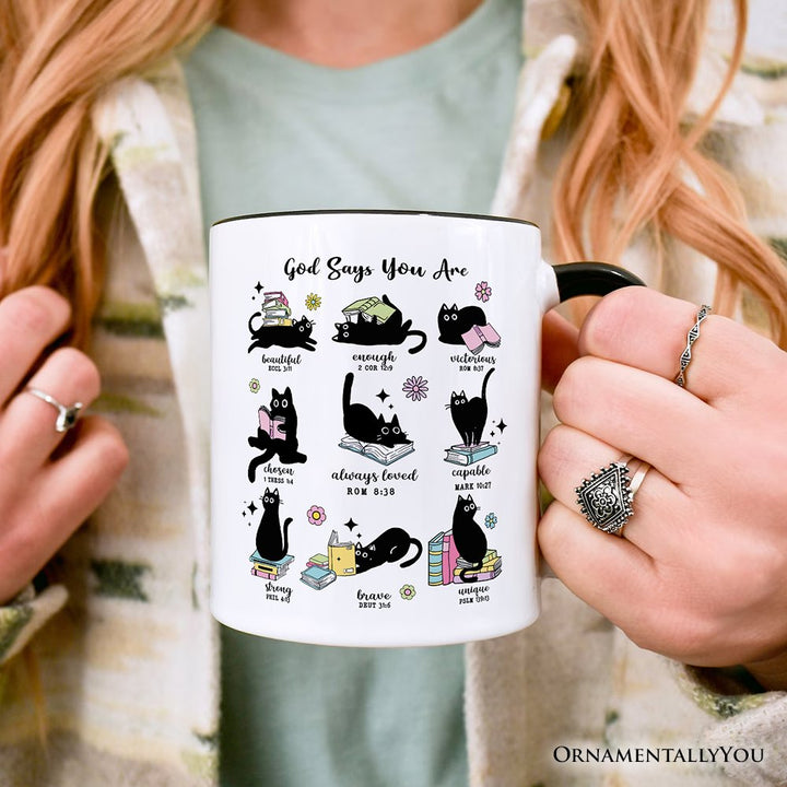 Book Cat God Says I Am Mug, Christian Bible Verse Faith Gift Personalized Ceramic Mug OrnamentallyYou 