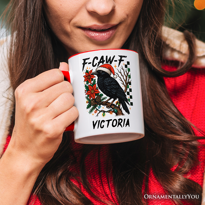 F-CAW-F Christmas Raven Personalized Mug, Holiday Crow Festive Gift with Custom Name