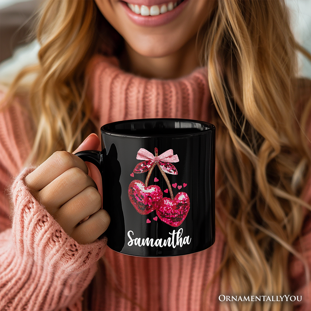 Sequin Pink Cherry Heart Valentine Personalized Mug, Mood for Love Coquette Gift with Custom Name