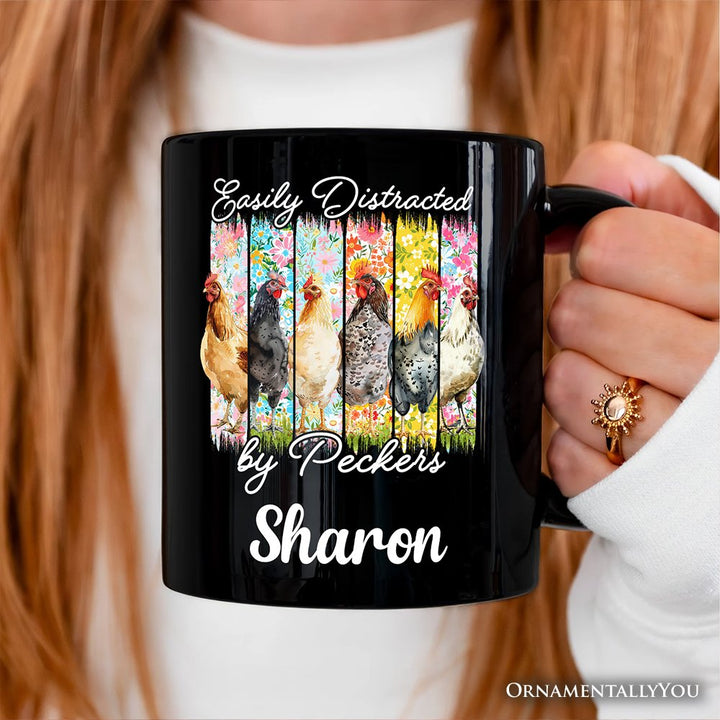 Easily Distracted by Peckers Chicken Farm Personalized Mug, Funny Floral Farmlife Brushstroke Gift with Custom Name Personalized Ceramic Mug OrnamentallyYou 