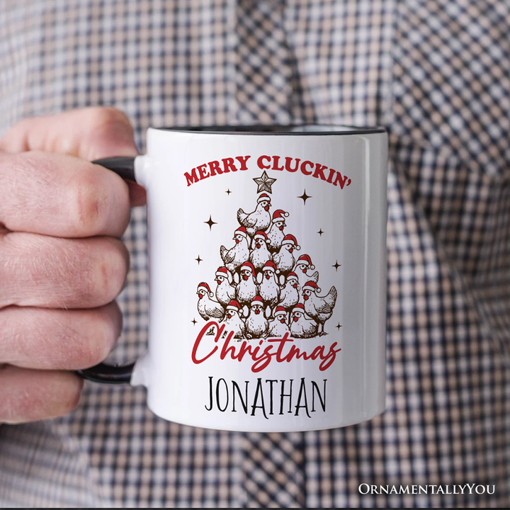 Merry Cluckin' Christmas Tree Personalized Mug, Funny Santa Hat Chicken Farmhouse Gift with Custom Name