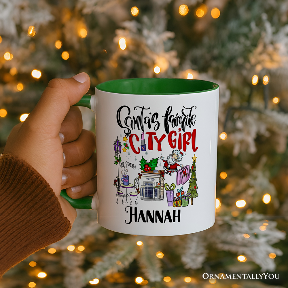 Santa's Favorite City Girl Personalized Mug, Urban Lifestyle Christmas Gift with Custom Name