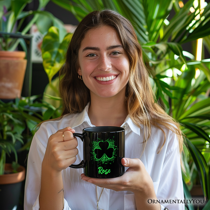 Splatter Shamrock Silhouette St Patrick’s Day Personalized Mug, Retro Lucky Clover Gift with Custom Name