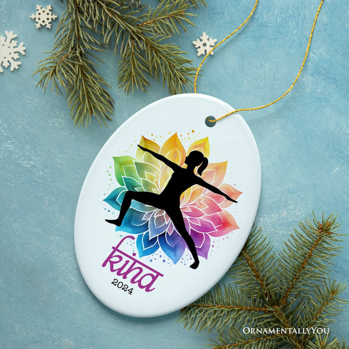 Colorful and Zen Personalized Yoga Ornament, Hatha Yoga Pose Customized Gift for Yogis Ceramic Ornament OrnamentallyYou Oval 