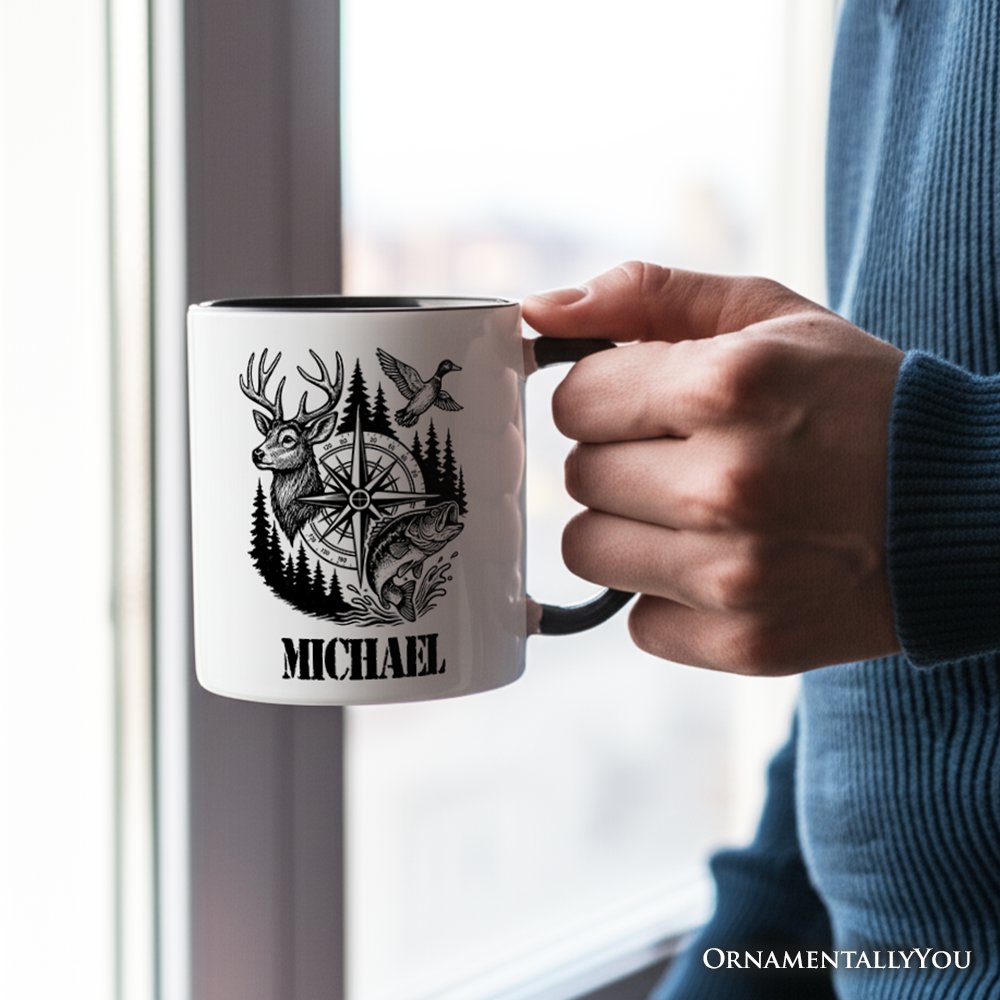 Deer Duck Fishing Hunting Personalized Mug, Camo Vintage Compass Outdoors Gift with Custom Name Personalized Ceramic Mug OrnamentallyYou 