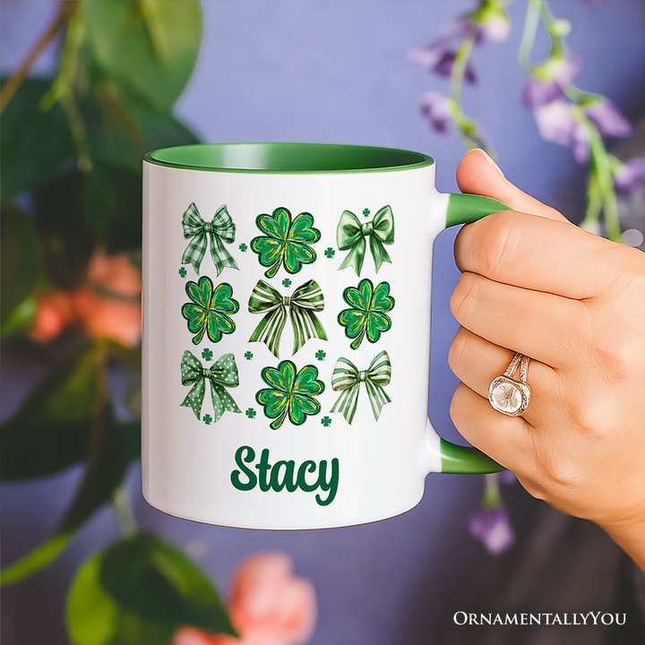 Coquette Clover Bows St Patrick’s Day Personalized Mug, Green Irish Lucky Shamrock Gift with Custom Name