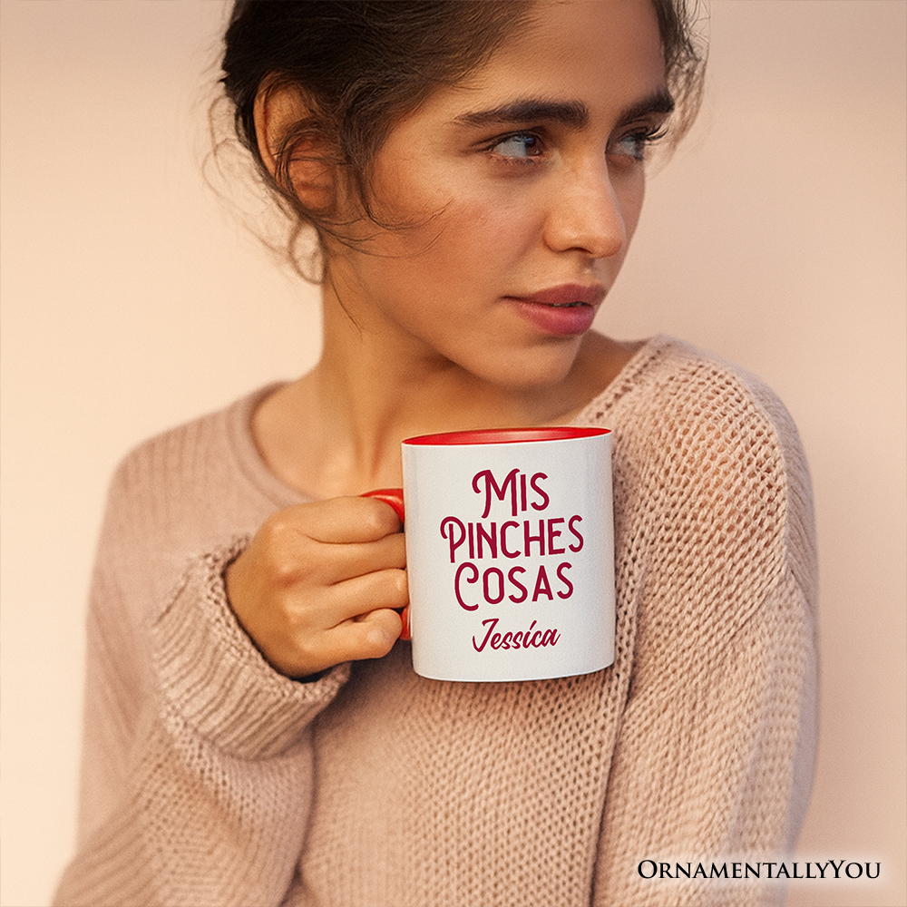 Mis Pinches Cosas Personalized Mug, Funny Latino Spanish Quote Gift with Custom Name