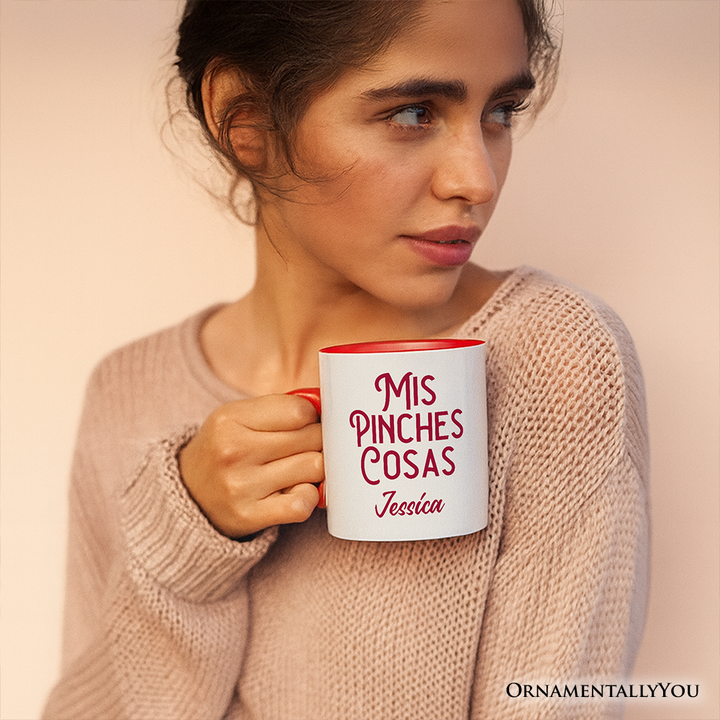 Mis Pinches Cosas Personalized Mug, Funny Latino Spanish Quote Gift with Custom Name