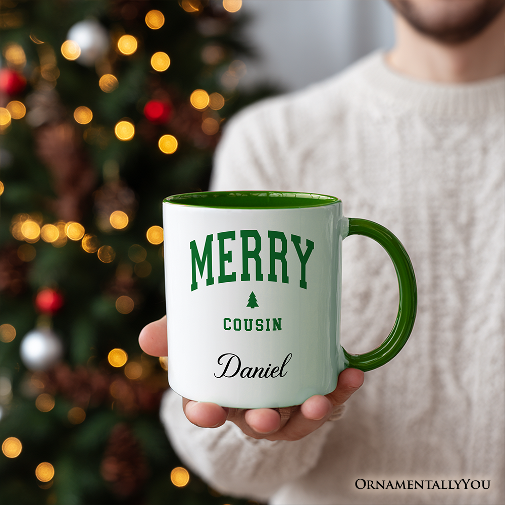 Merry Cousin Christmas Personalized Mug, Matching Family Holiday Gift with Custom Name