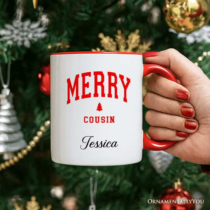 Merry Cousin Retro Christmas Personalized Mug, Matching Family Holiday Gift with Custom Name
