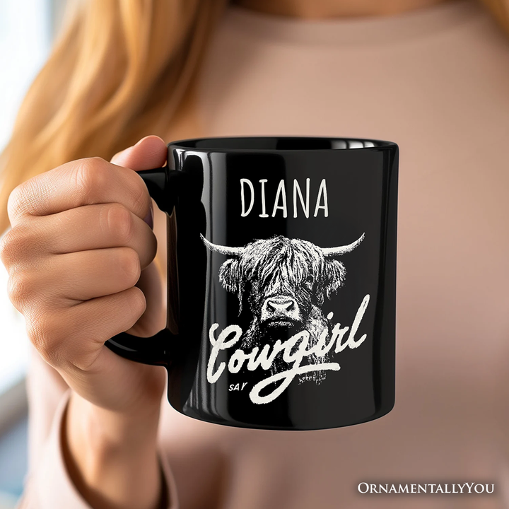 Highland Cow Vintage Cowgirl Personalized Mug, Western Country Gift with Custom Name