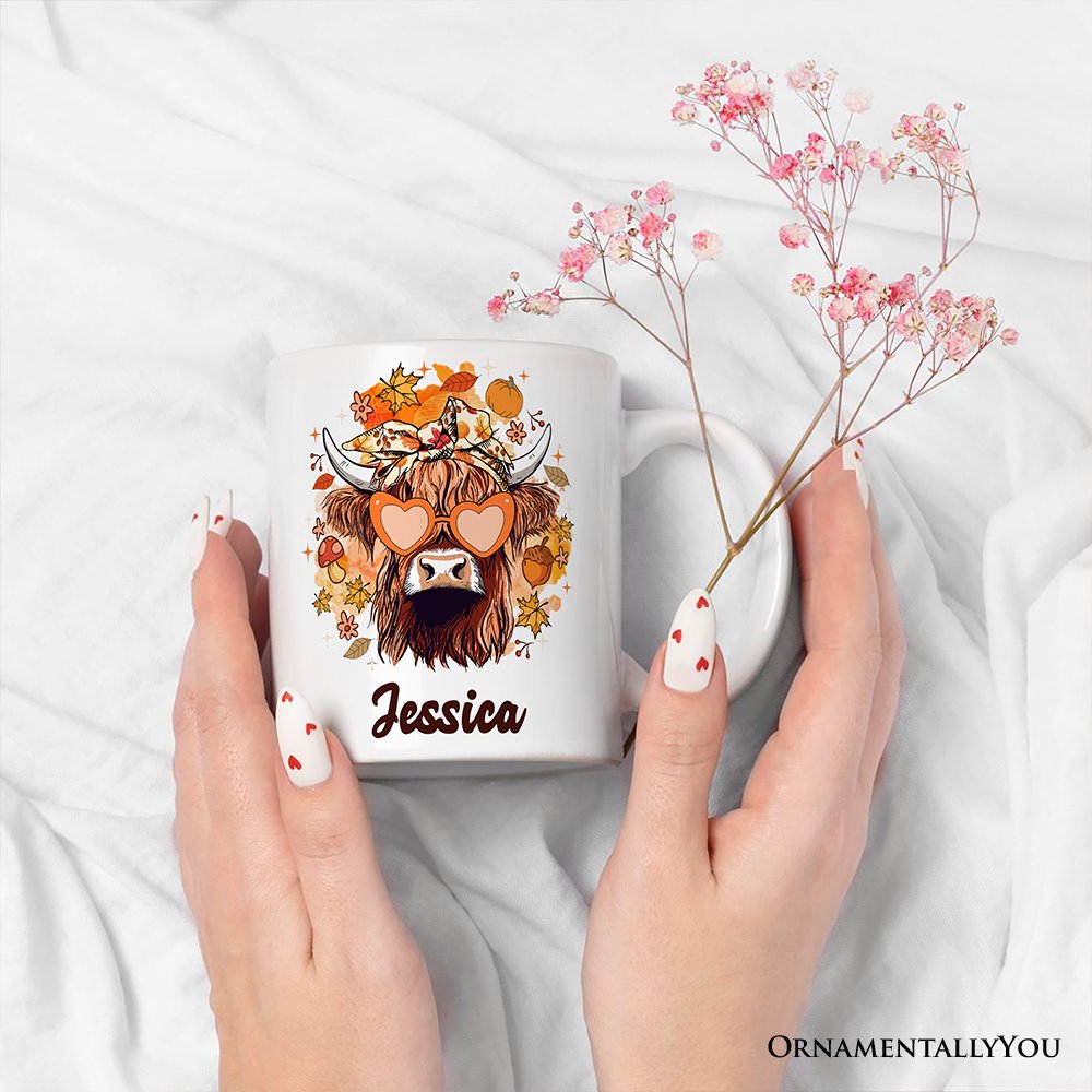 Fall Highland Cow Personalized Mug, Messy Bun Howdy Gift with Autumn Vibes and Custom Name Personalized Ceramic Mug OrnamentallyYou 