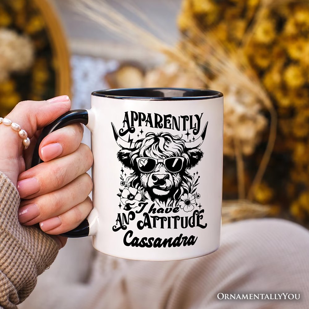Apparently I Have an Attitude Highland Cow Valentine Personalized Mug, Sarcastic Western Funny Gift with Custom Name Personalized Ceramic Mug OrnamentallyYou 