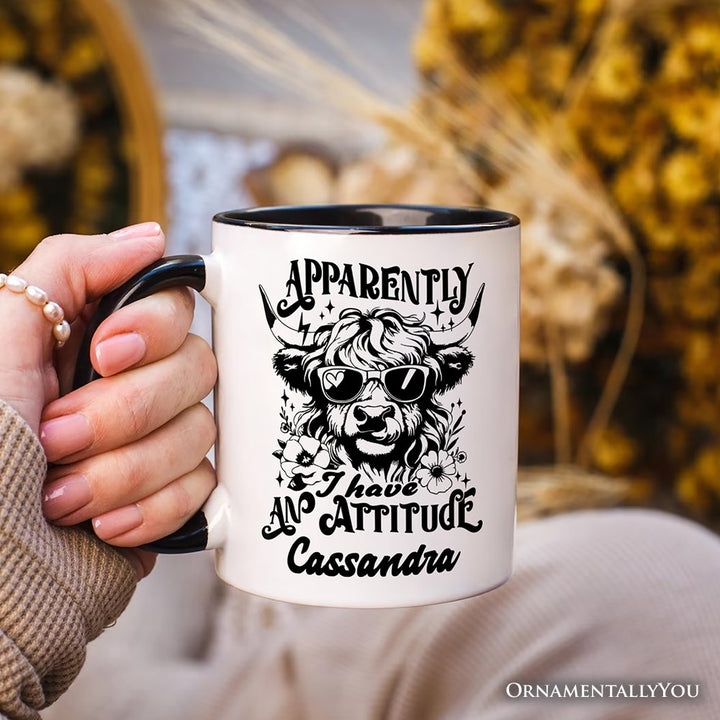 Apparently I Have an Attitude Highland Cow Valentine Personalized Mug, Sarcastic Western Funny Gift with Custom Name Personalized Ceramic Mug OrnamentallyYou 
