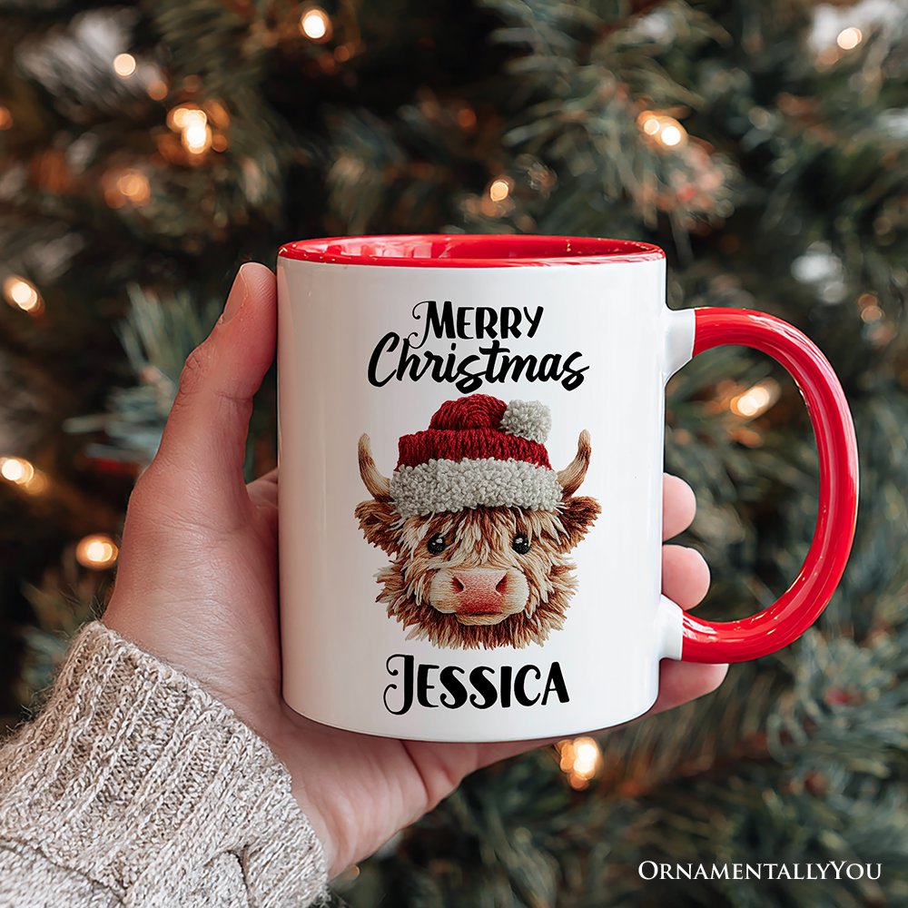 Highland Cow Santa Hat Christmas Personalized Mug, Imitation Latch Hook Yarn Cozy Gift with Custom Name Personalized Ceramic Mug OrnamentallyYou 