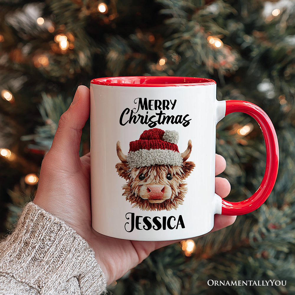 Highland Cow Santa Hat Christmas Personalized Mug, Imitation Latch Hook Yarn Cozy Gift with Custom Name