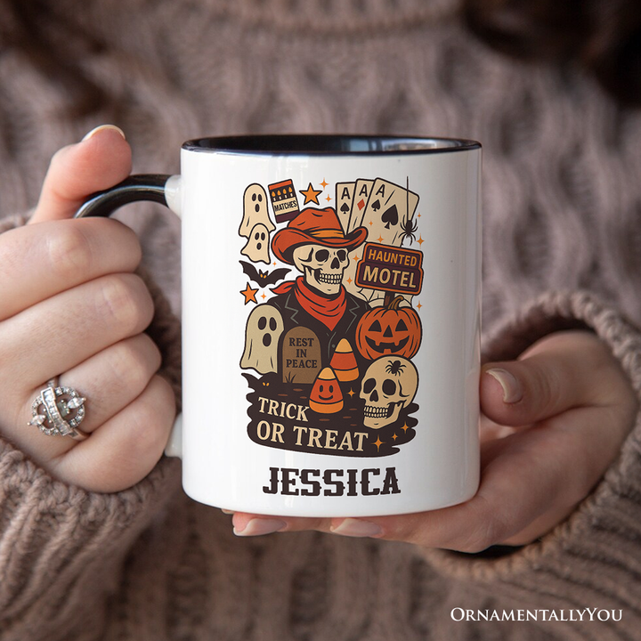 Western Halloween Skeleton Personalized Mug, Haunted Motel Trick or Treat Gift with Custom Name