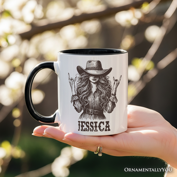 Western Cowgirl Rocker Personalized Mug, Country Rodeo Style Gift with Custom Name
