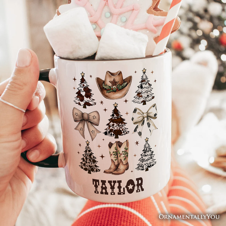 Western Christmas Coquette Tree Personalized Mug, Country Holiday Cowboy Gift with Custom Name