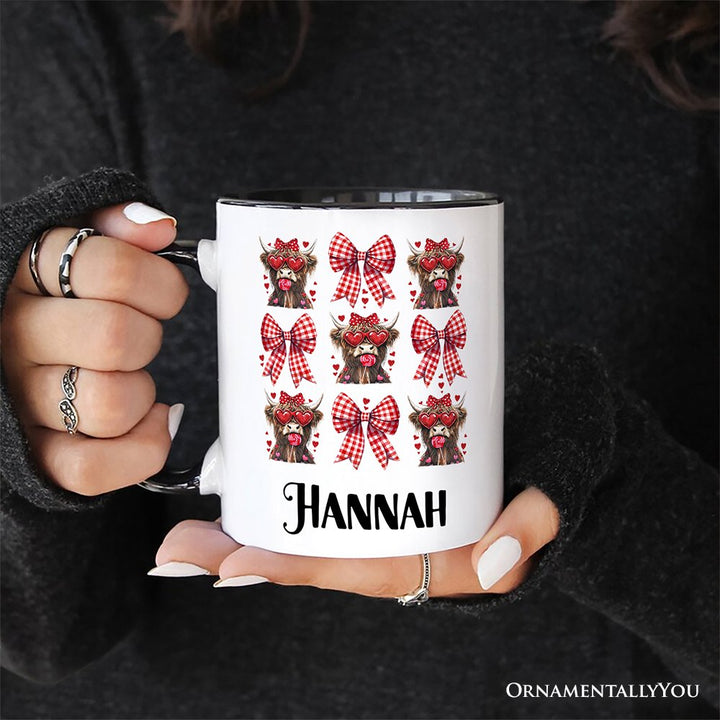 Highland Cow Coquette Bow Valentine Personalized Mug, Cute Hearts Western Gift with Custom Name Personalized Ceramic Mug OrnamentallyYou 