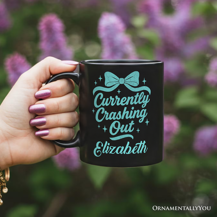 Girly Retro Bow Personalized Mug, Currently Crashing Out Sassy Quote Gift with Custom Name