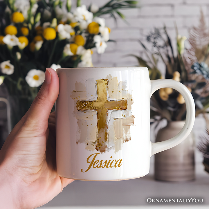 Oil Brushstroke Cross Personalized Mug, Christian Faith Jesus Easter Gift with Custom Name