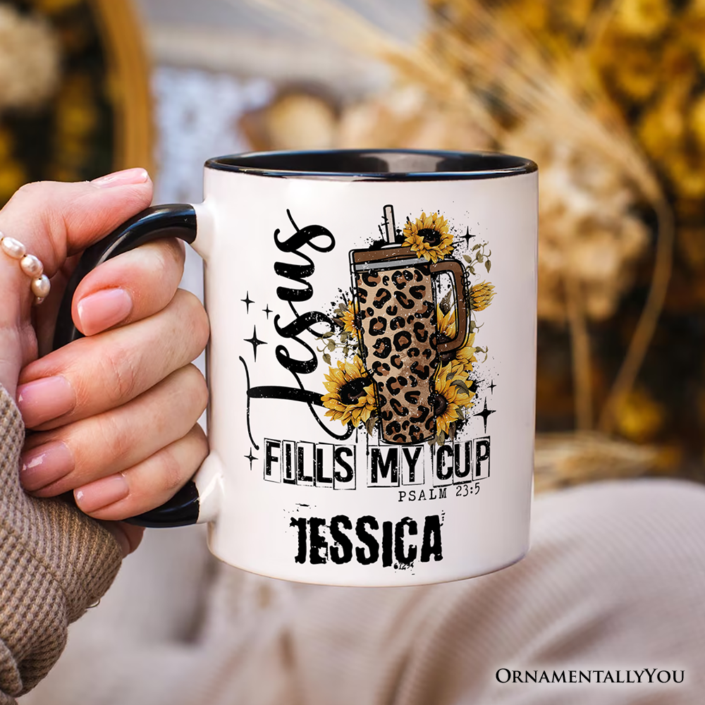 Jesus Fills My Cup Christian Personalized Mug, Leopard Print Coffee Gift with Custom Name