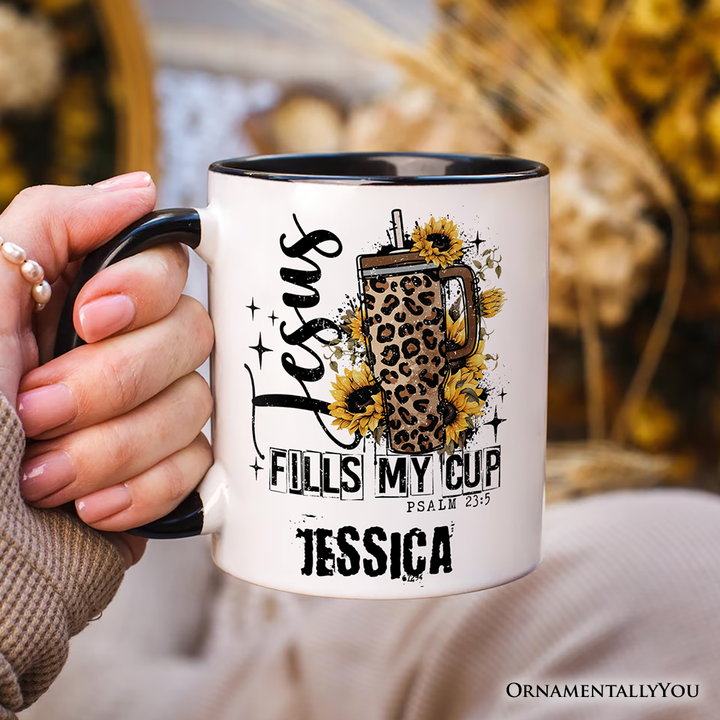 Jesus Fills My Cup Christian Personalized Mug, Leopard Print Coffee Gift with Custom Name