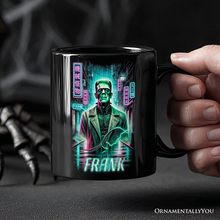 Cyberpunk Frankenstein Personalized Mug, Neon Halloween Monster Gift with Custom Name Personalized Ceramic Mug OrnamentallyYou 