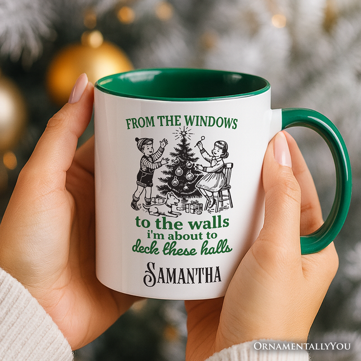 From the Windows to the Walls Deck These Halls Personalized Mug, Funny Vintage Christmas Gift with Custom Name