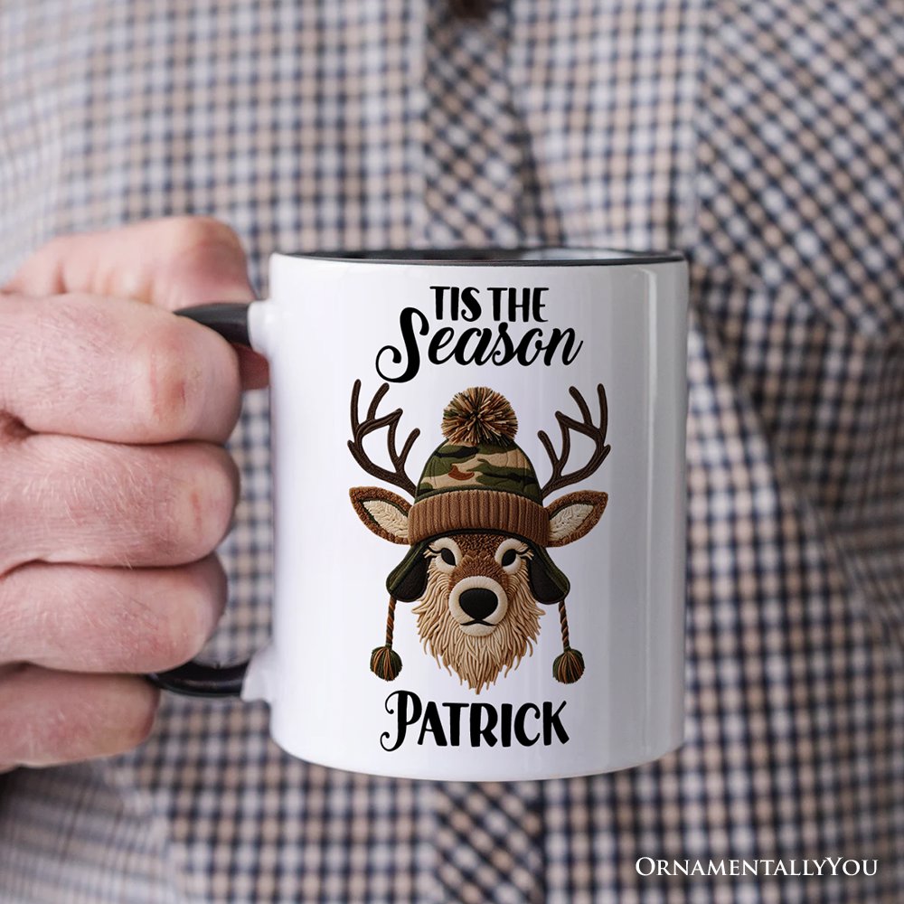 Deer Head Camo Hat Christmas Personalized Mug, Imitation Latch Hook Yarn Cozy Hunting Season Gift with Custom Name Personalized Ceramic Mug OrnamentallyYou 