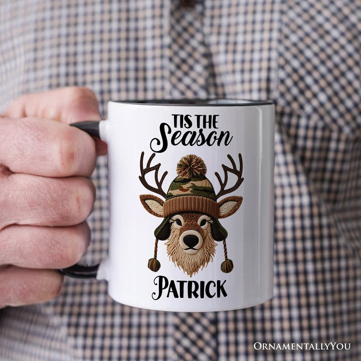 Deer Head Camo Hat Christmas Personalized Mug, Imitation Latch Hook Yarn Cozy Hunting Season Gift with Custom Name Personalized Ceramic Mug OrnamentallyYou 