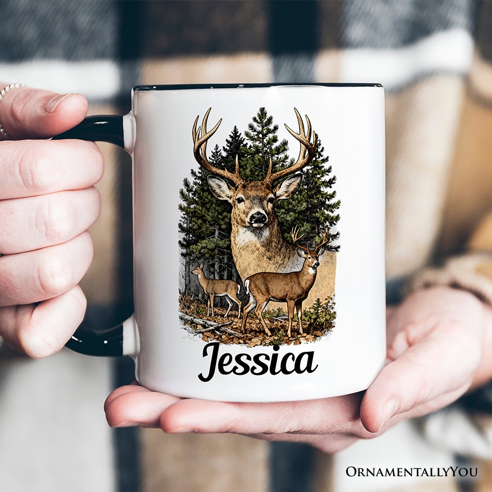 Forest Deers Vintage Grunge Personalized Mug, Retro Hunter Gift with Custom Name Personalized Ceramic Mug OrnamentallyYou 