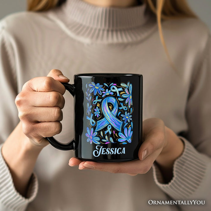 Diabetes Blue Ribbon Floral Personalized Mug, Awareness Support Gift with Custom Name Personalized Ceramic Mug OrnamentallyYou 