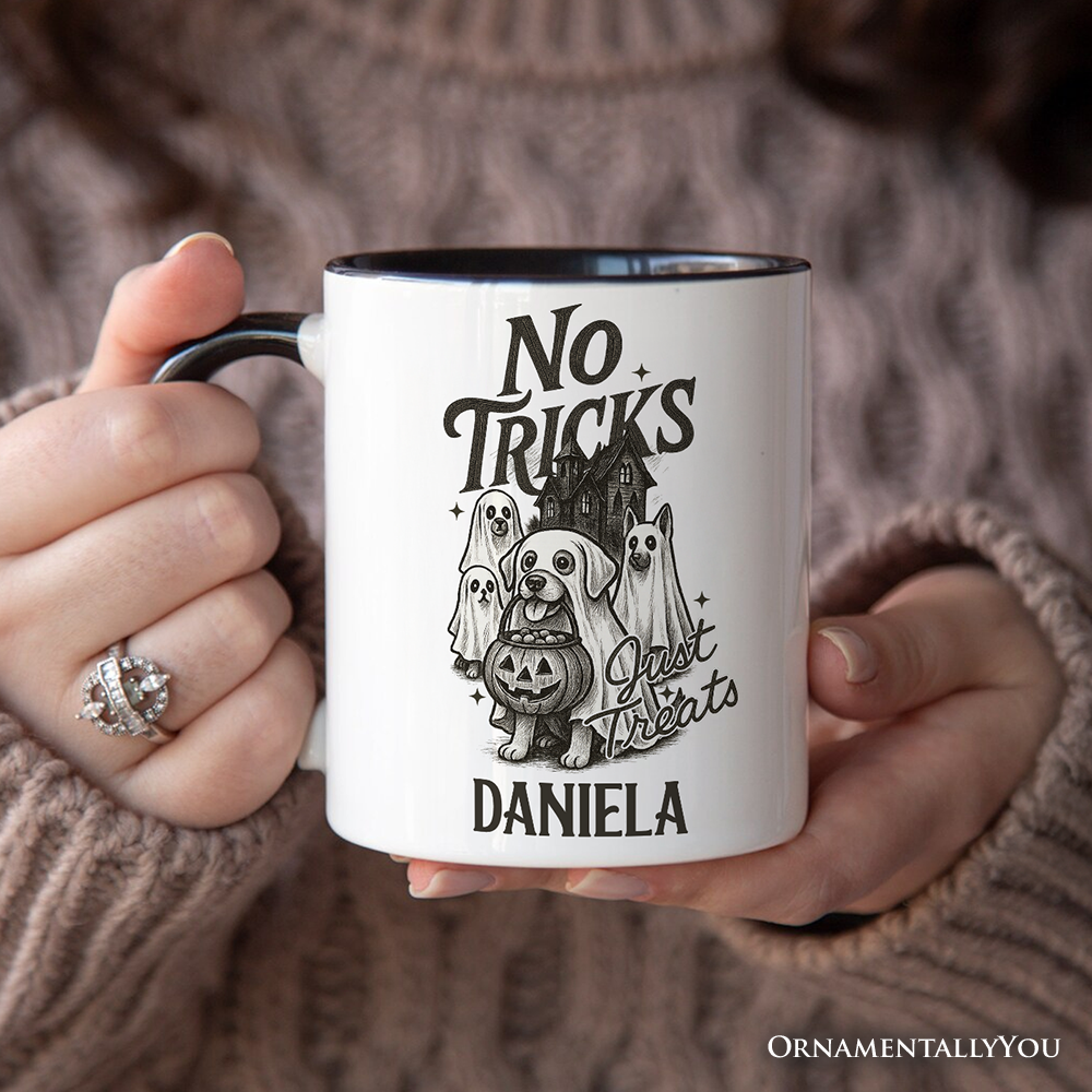 No Tricks Just Treats Dog Personalized Mug, Funny Halloween Puppy Gift with Spooky Vibes and Custom Name