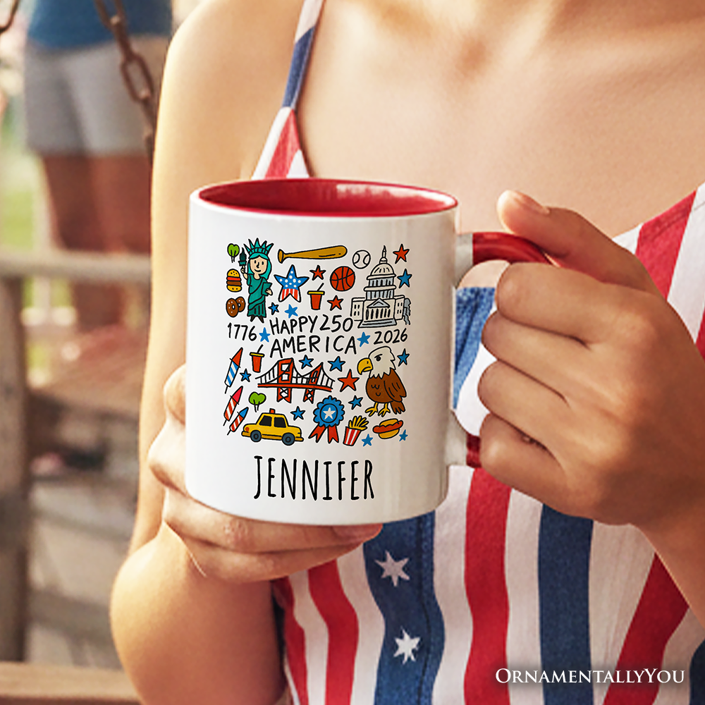 Happy 250 America Doodle Personalized Mug, Patriotic USA 1776-2026 250th Anniversary Gift with Custom Name