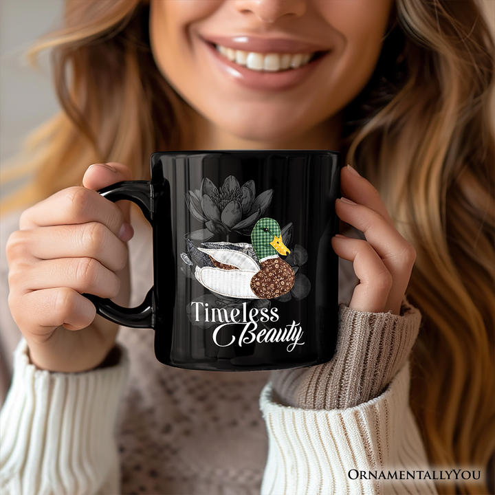 Mallard Duck Printed Faux Patchwork Personalized Mug, Hunting Wife Outdoors Gift with Custom Name