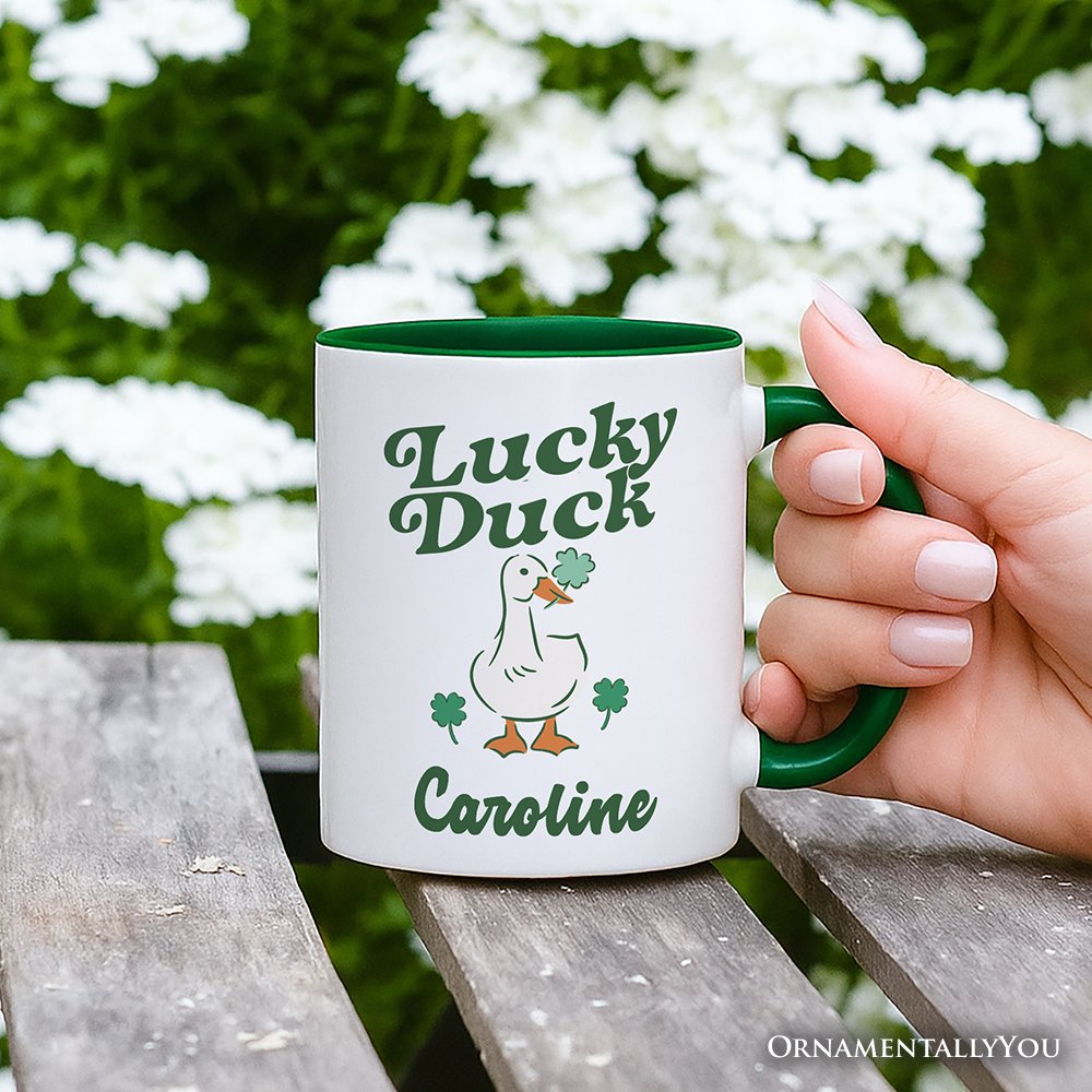 Lucky Duck St Patrick’s Day Shamrock Personalized Mug, Cute Clover Gift with Custom Name Personalized Ceramic Mug OrnamentallyYou 