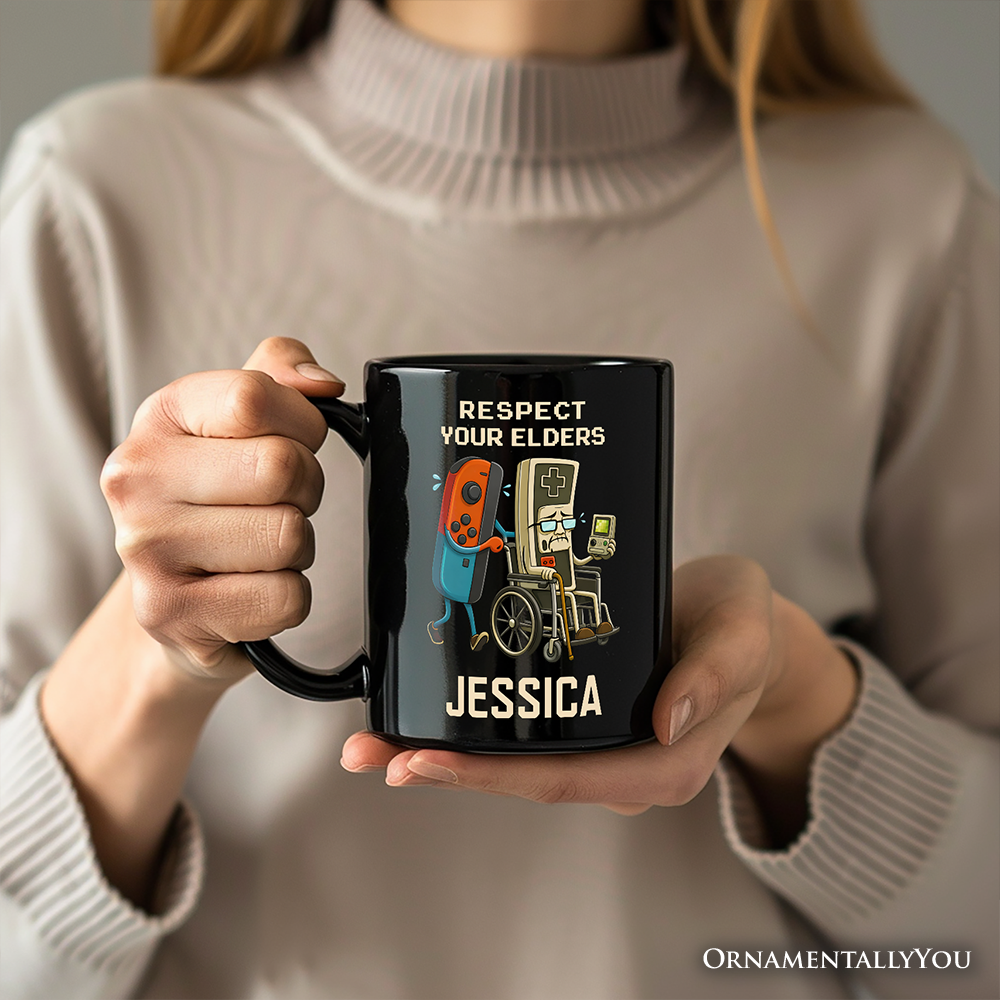 Respect Your Elders Gaming Controller Personalized Mug, Old School Gamer Humor Gift with Custom Name