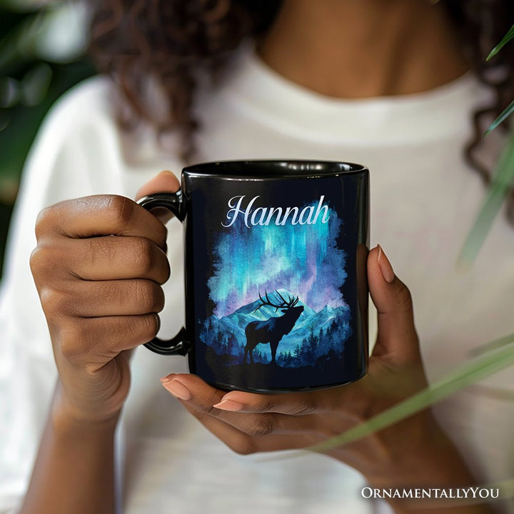 Majestic Aurora Elk Personalized Mug, Northern Lights Wilderness Stag Gift with Custom Name Personalized Ceramic Mug OrnamentallyYou 