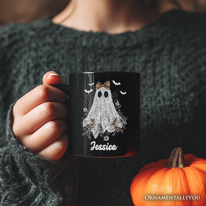 Cute Lace Ghost Coquette Pesonalized Mug, Floral Vintage Halloween Gift with Custom Name Personalized Ceramic Mug OrnamentallyYou 
