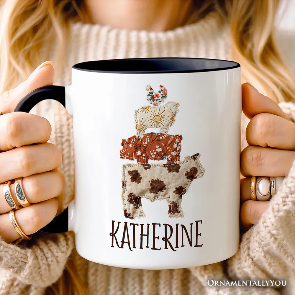 Western Farm Animals Printed Faux Patchwork Personalized Mug, Country Cow Pig Sheep Hen Gift with Custom Name