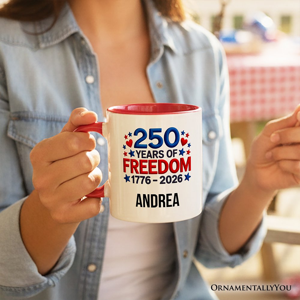 250 Years Freedom Faux Varsity Patch Personalized Mug, 4th of July USA Patriotic 1776–2026 Gift with Custom Name Personalized Ceramic Mug OrnamentallyYou 