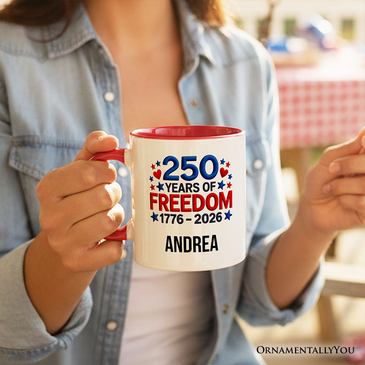 250 Years Freedom Faux Varsity Patch Personalized Mug, 4th of July USA Patriotic 1776–2026 Gift with Custom Name
